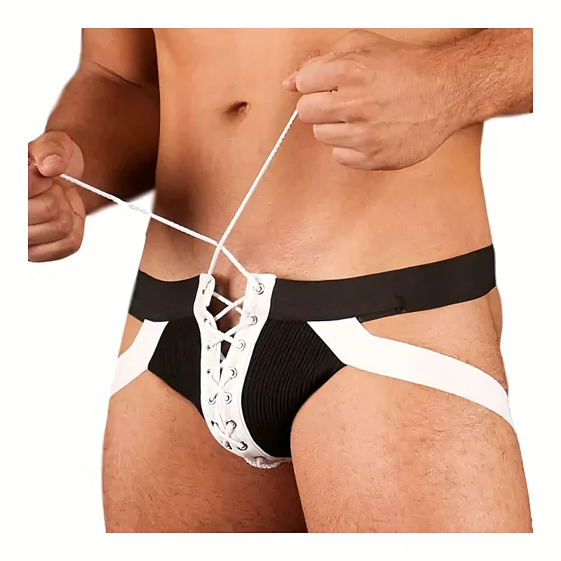 Jockstrap noir et blanc à cordons de fermeture
