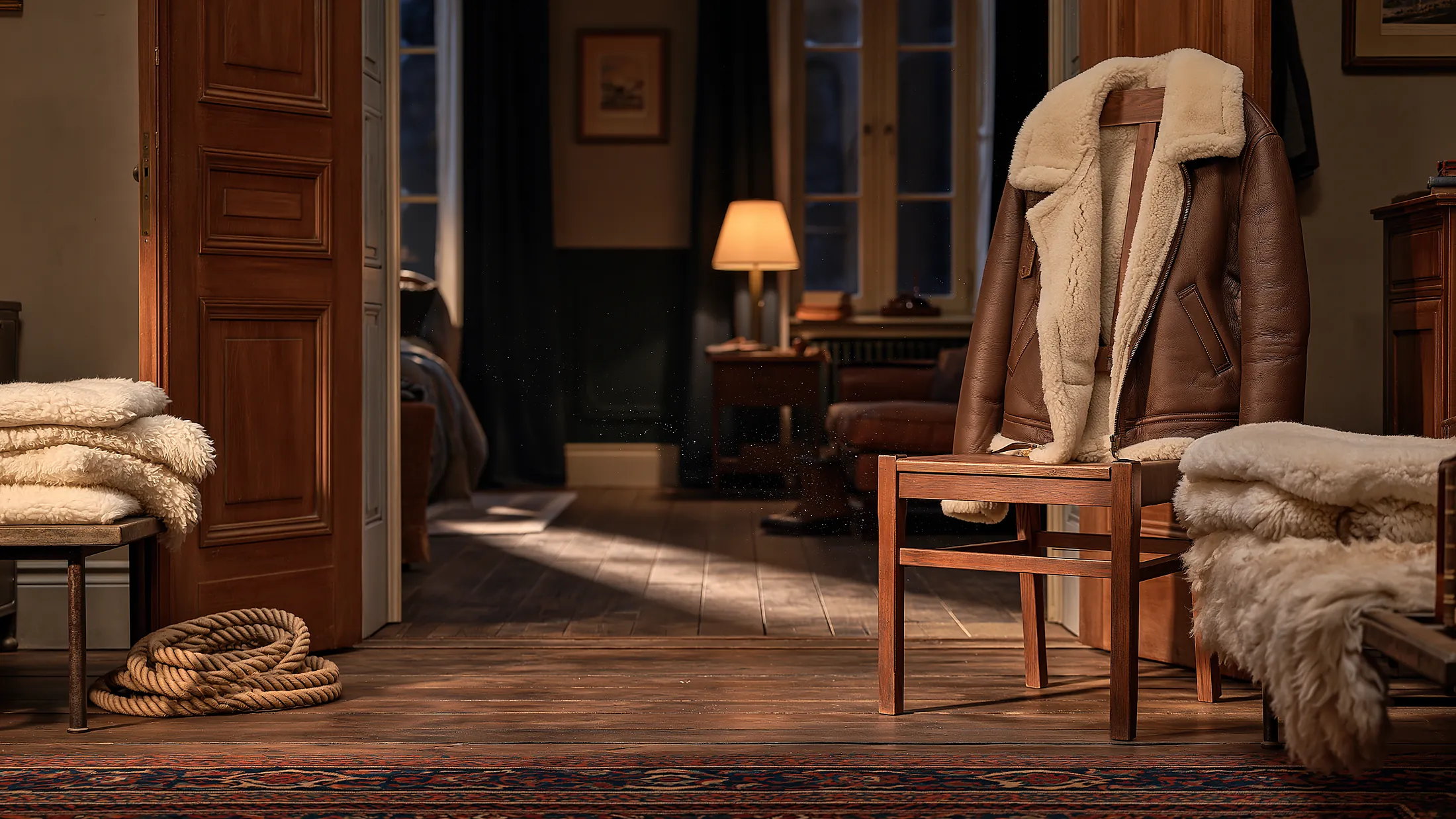 Une pièce sombre vue depuis une porte ouverte : un blouson doublé de mouton posé sur le dossier d’une chaise, des peaux lainées pliées et une corde enroulée, sous une lampe allumée.
