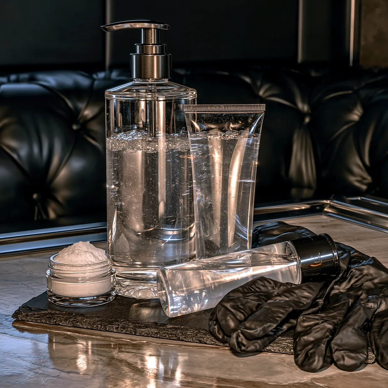 Des flacons et des tubes de gel transparent sans étiquette, un pot et des gants noirs, sur un plateau devant un capitonnage de cuir.
