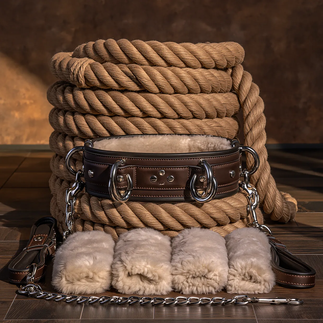 Une grosse corde de coton enroulée, un collier de cuir à trois anneaux, une chaîne et quatre tubes doublés de mouton.