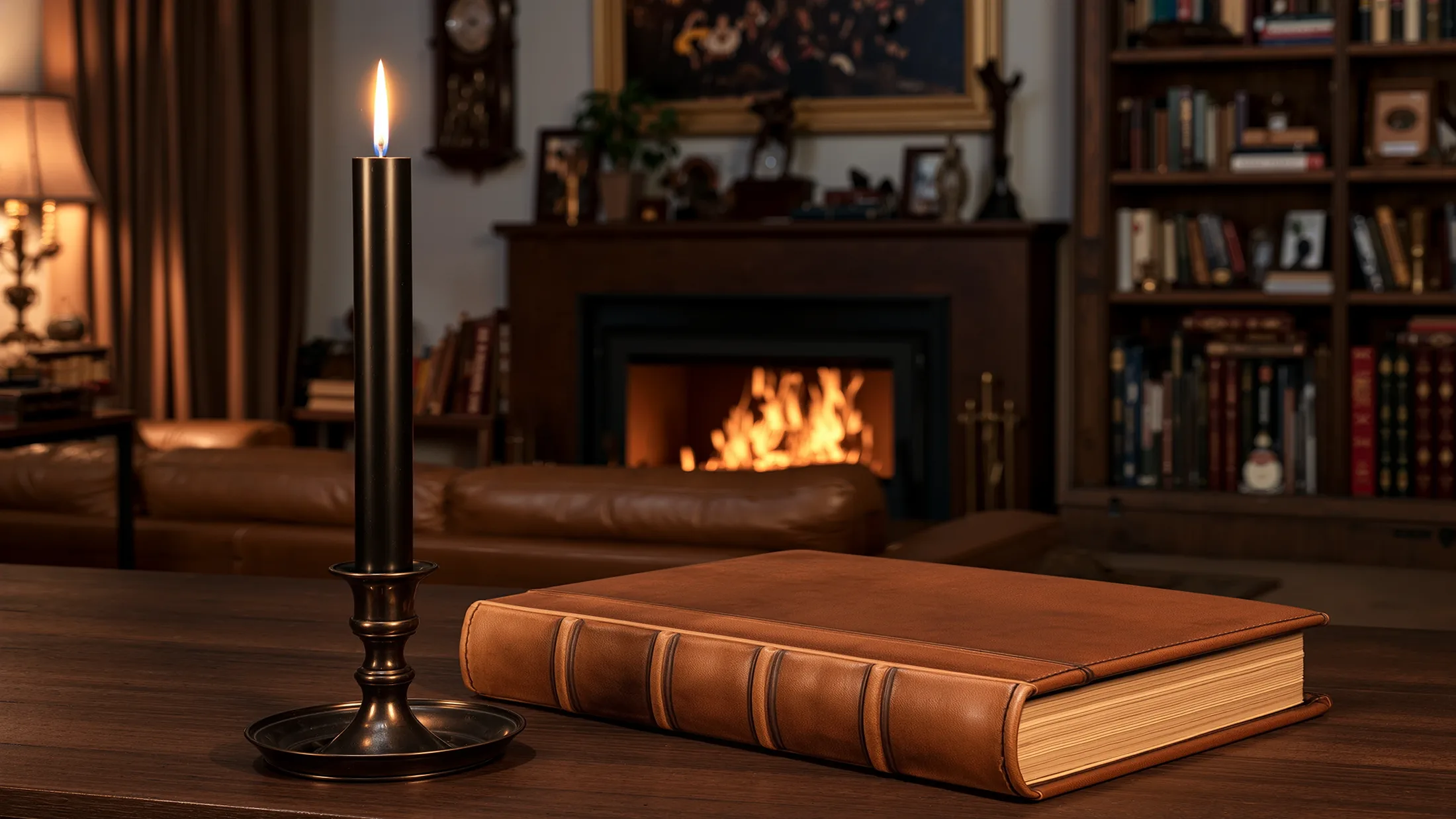 Une bougie noire allumée sur un bougeoir de laiton, à côté d’un livre relié de cuir fermé, devant une cheminée.