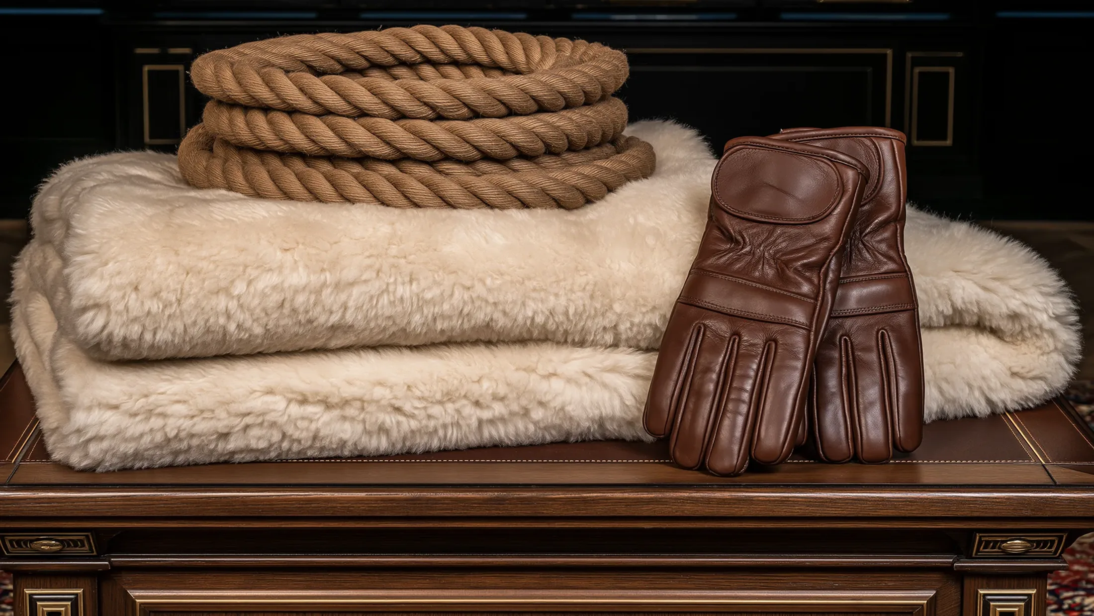 Une peau de mouton pliée, une grosse corde enroulée posée dessus et une paire de gants de cuir brun, sur un meuble de bois sombre.
