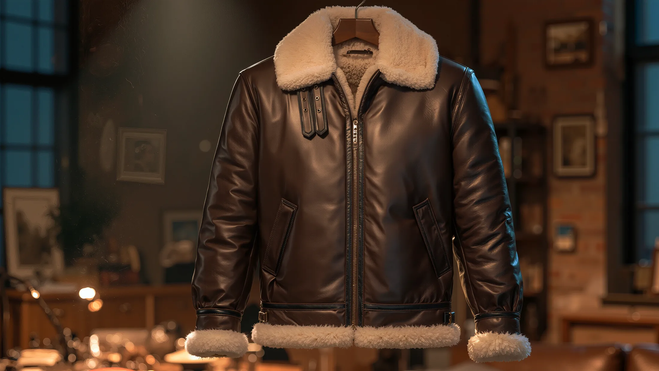 Un blouson de cuir brun à large col de mouton retourné, suspendu à un cintre dans une pièce sombre, sous une lumière chaude.