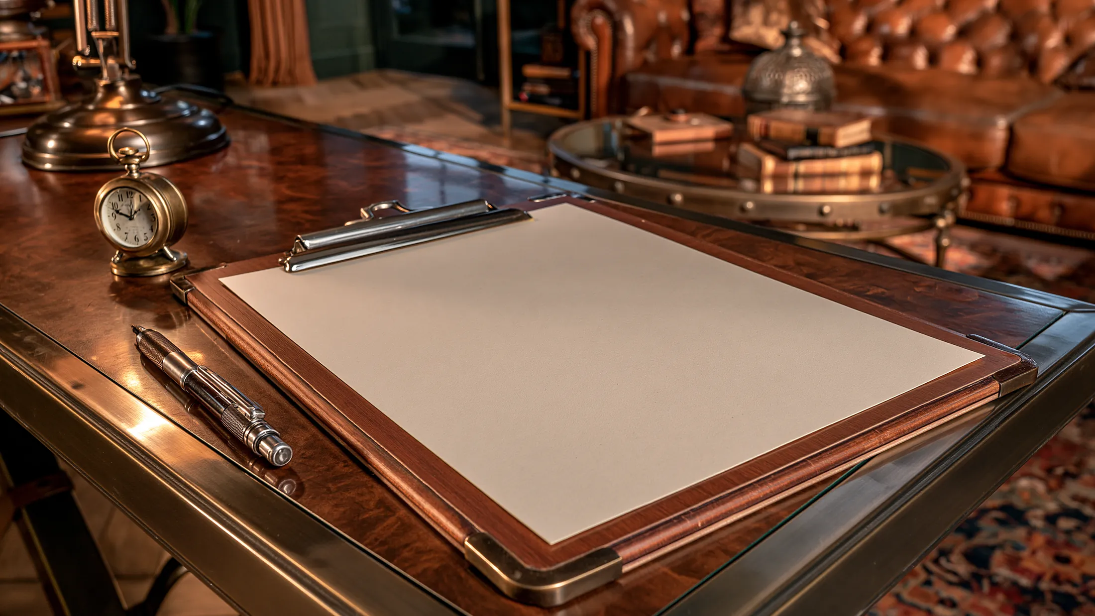 Une feuille crème vierge sur une écritoire de bois, un stylo et un petit objet de laiton posés à côté, sur un bureau sombre.
