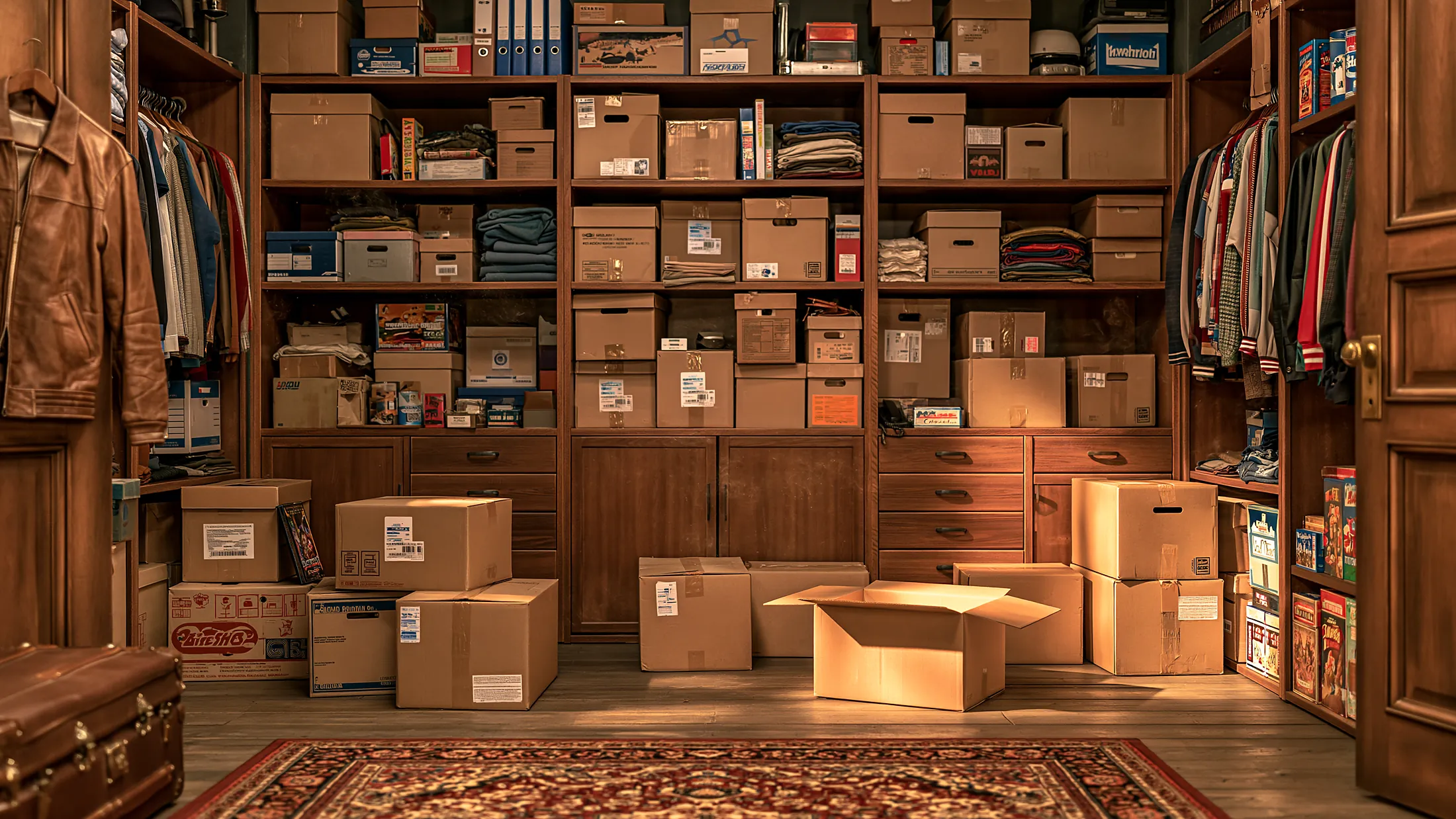 Une réserve aux étagères de bois pleines de cartons fermés, quelques boîtes ouvertes au sol, sous une lumière chaude.