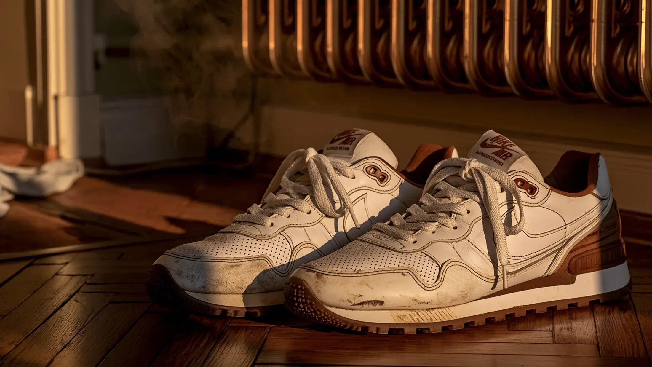 Une paire de baskets blanches usées, posées côte à côte sur un parquet sombre, devant un radiateur en fonte.
