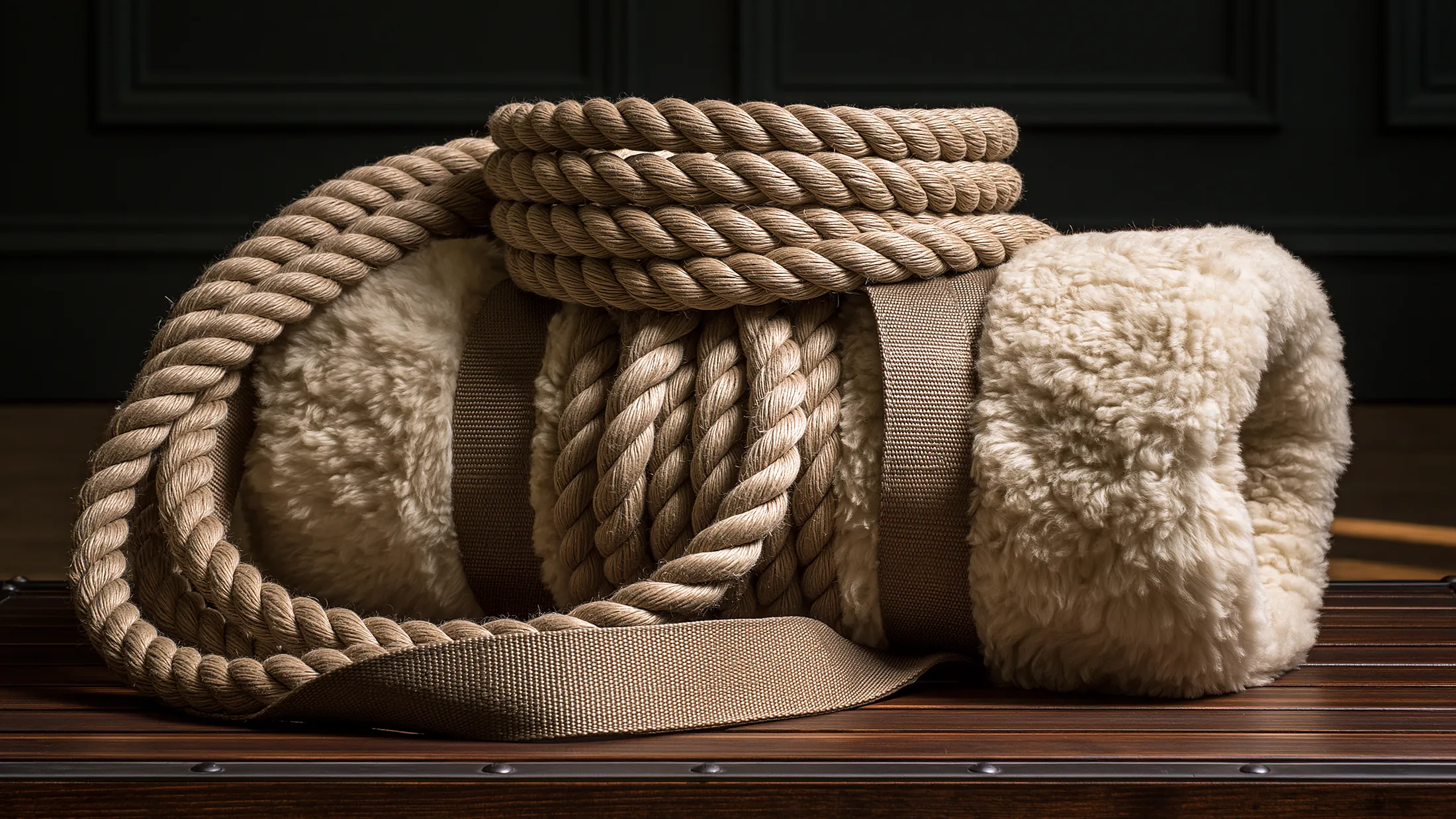 Une grosse corde de coton enroulée et une sangle passée dans un tube doublé de mouton, sur une table de bois.