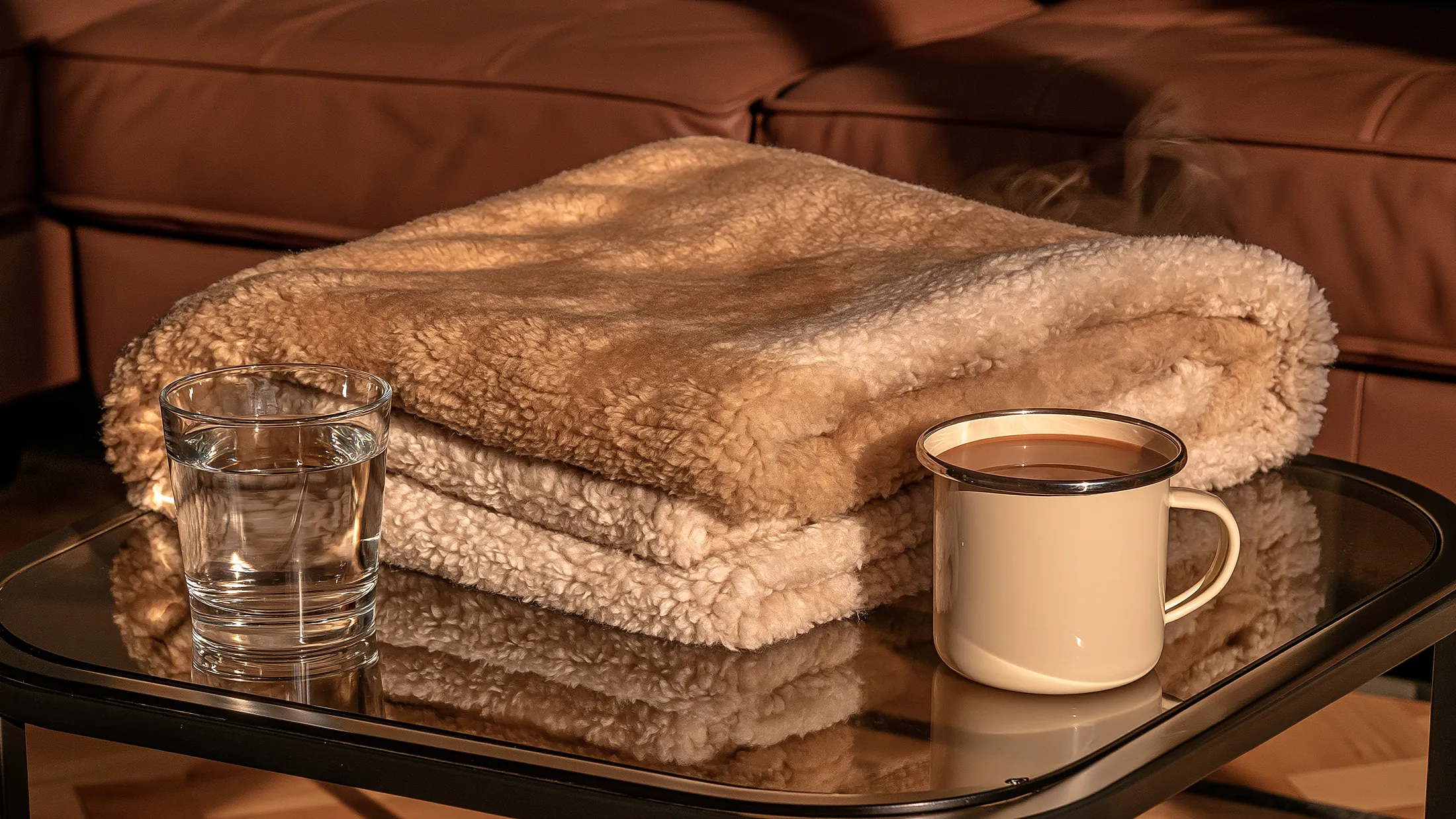 Des couvertures de laine pliées sur une table basse, avec un verre d’eau et une tasse émaillée fumante.