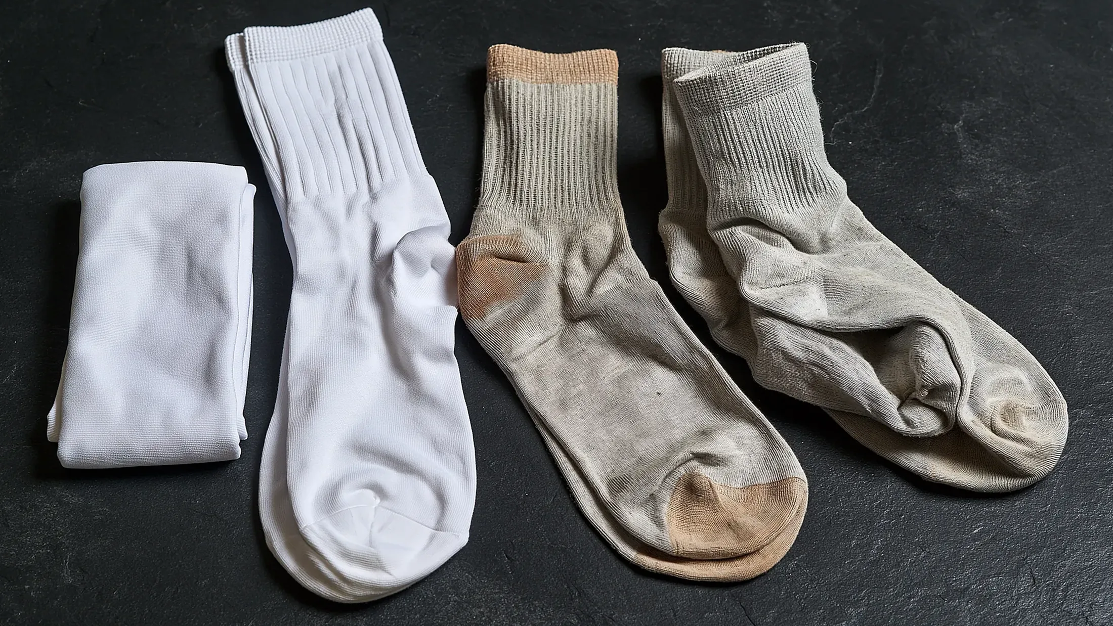 Trois temps alignés sur une ardoise sombre : une chaussette de sport blanche propre, une chaussette de coton portée, et les deux enfilées l’une dans l’autre.