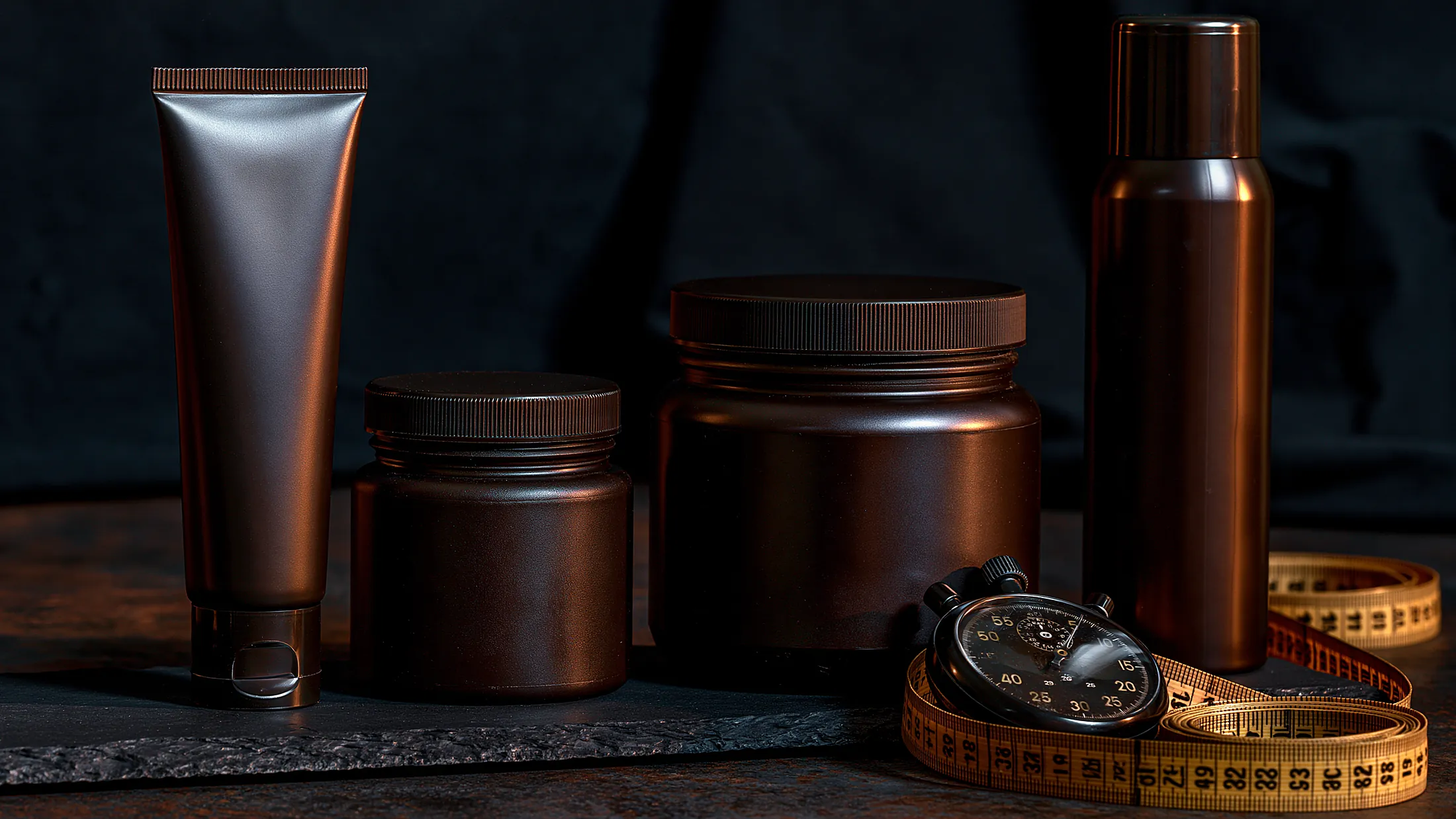 Un tube, deux pots ambrés et un aérosol alignés sur une pierre sombre, à côté d’un chronomètre et d’un mètre ruban.