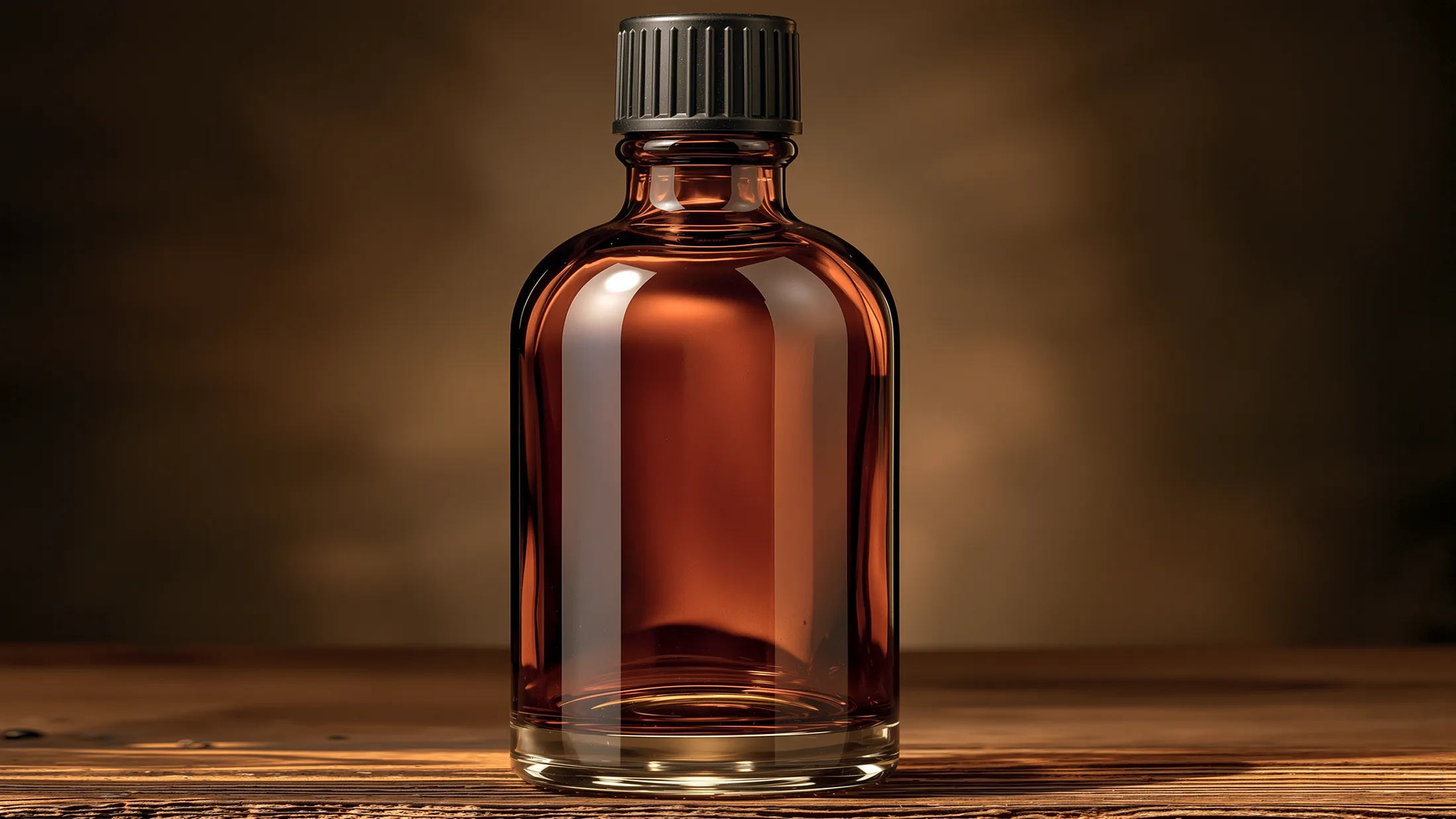 Un petit flacon de verre ambré à bouchon noir, sans étiquette, posé sur du bois.