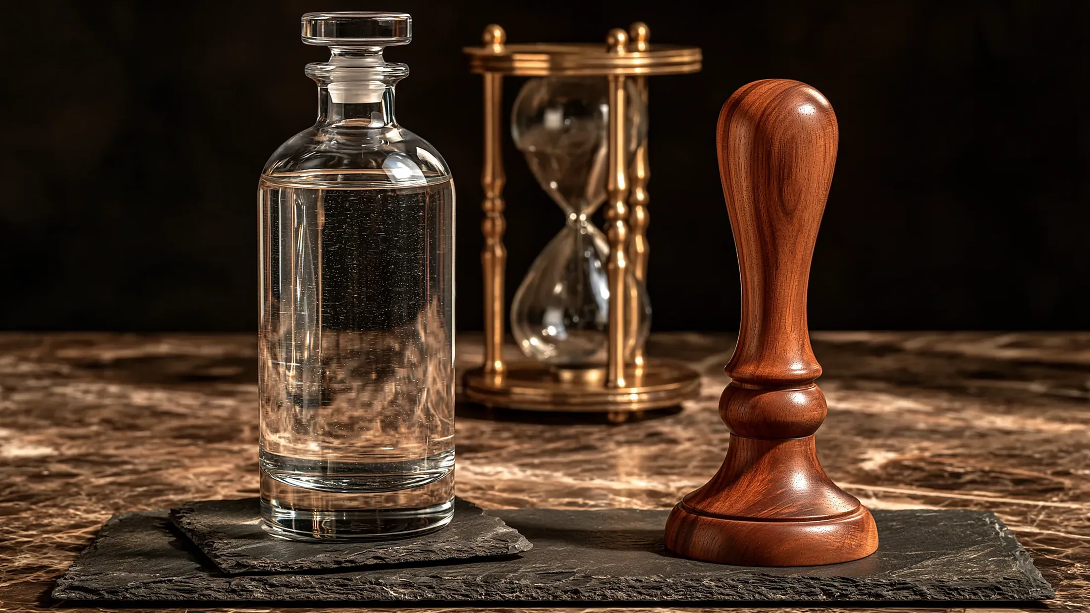 Un flacon de verre bouché, un sablier de laiton et une forme de bois à embase large, sur une pierre sombre.