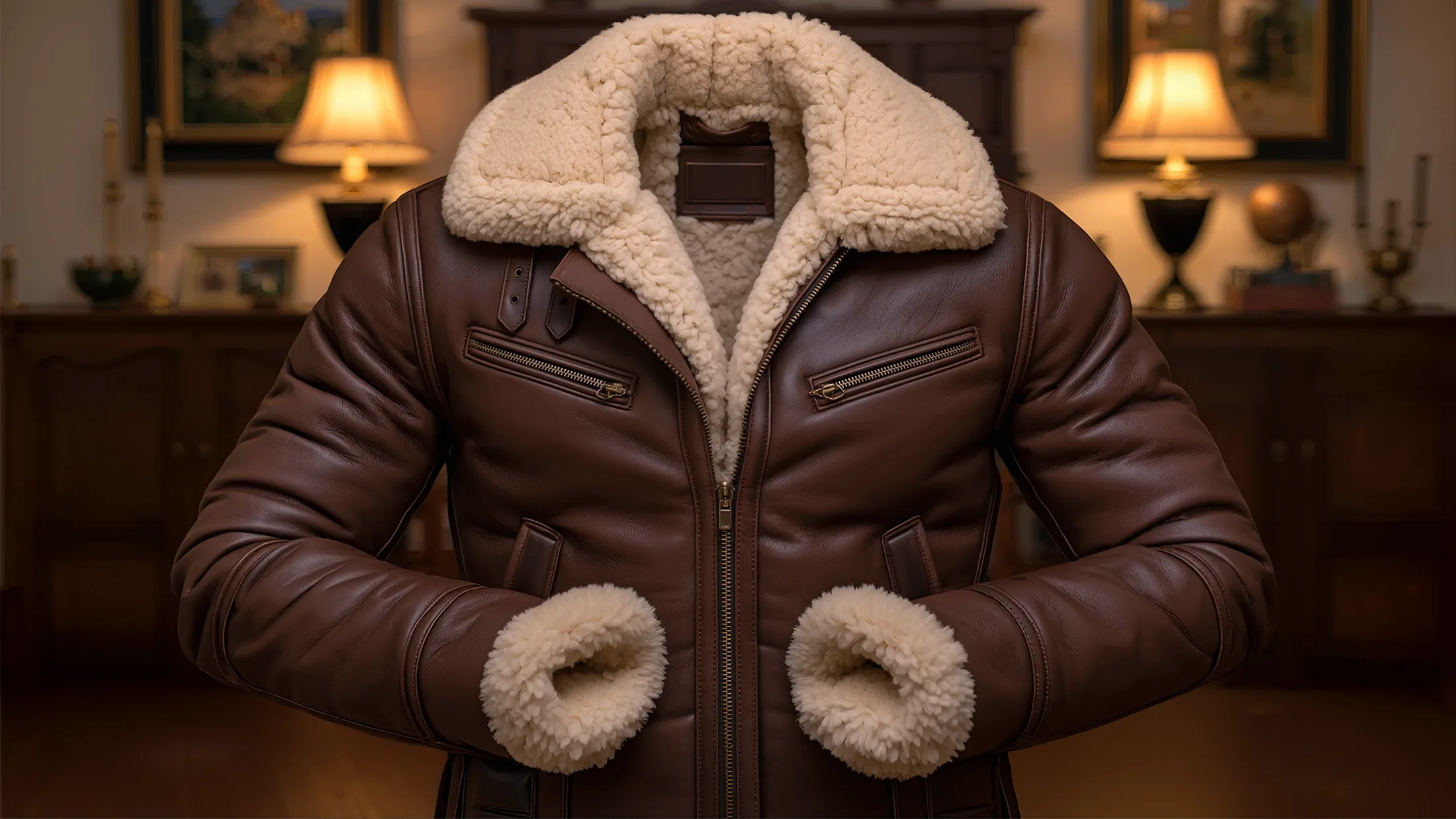 Un blouson de cuir brun à col et poignets de mouton retourné, ouvert et posé sur une table de bois sombre, lumière chaude sur le grain du cuir.