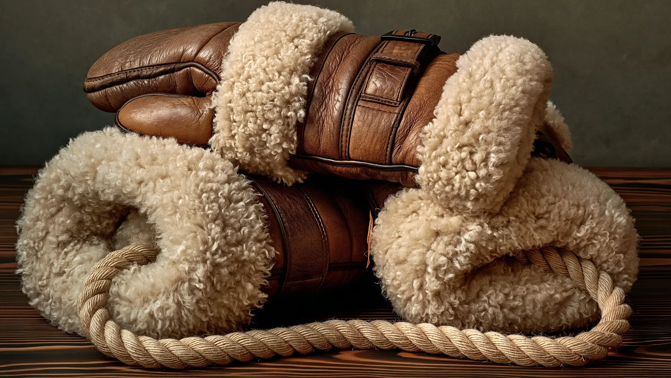 Des moufles de cuir brun à revers de mouton et un manchon de fourrure, une corde de coton passée à travers.
