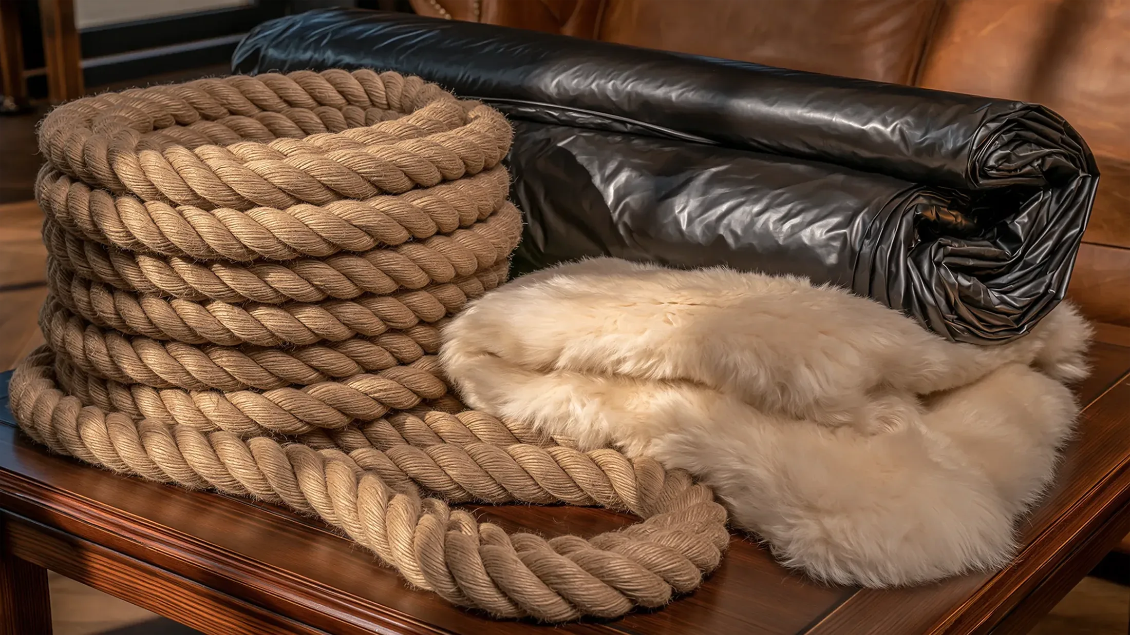 Une grosse corde de coton enroulée, un rouleau de film plastique noir et une peau de mouton crème, posés sur une table de bois.