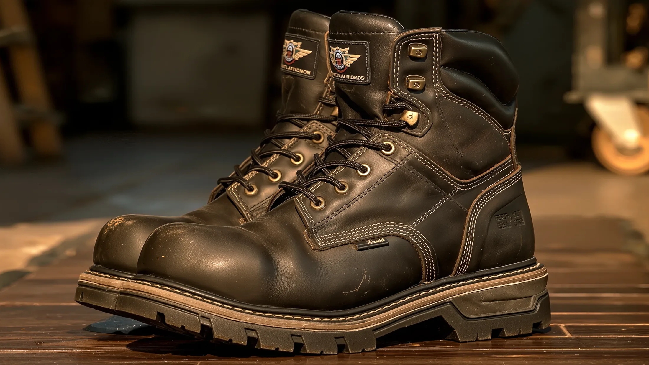 Une paire de bottes de cuir brun foncé, posées sur un parquet sombre, lumière rasante.